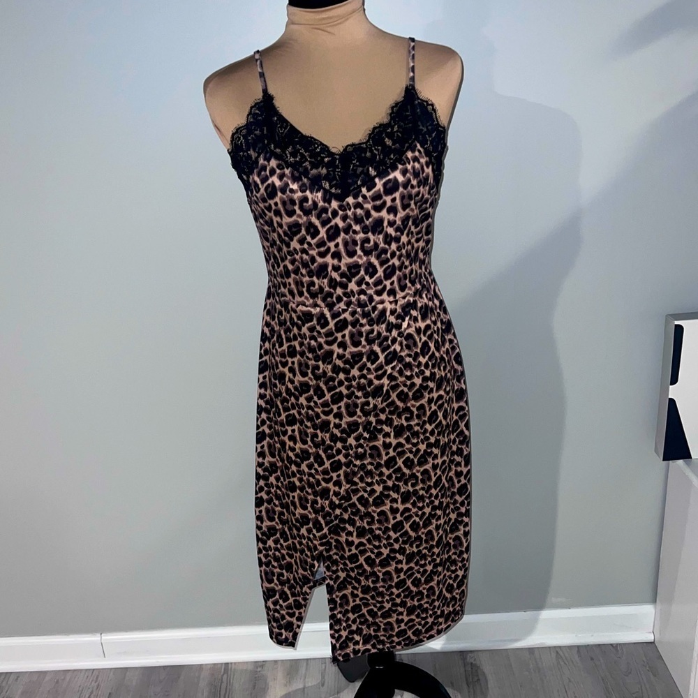 Leopard Print Lace Trim Slip Dress